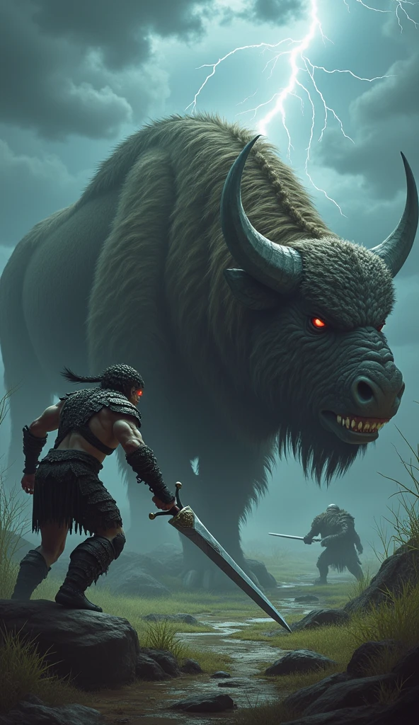 **Prompt untuk gambar:**
"A highly realistic and intense scene featuring a hybrid creature that is half bison, half crocodile, merging with a hybrid human warrior. The creature has the powerful, muscular body of a bison, covered in shaggy fur, with the sharp, scaly tail of a crocodile. Its face combines the bison's horns and the crocodile's menacing, tooth-filled snout. The hybrid human warrior stands beside it, their upper body muscular and human-like, but their arms, shoulders, and neck are covered in crocodilian scales, while their legs are bison-like, ending in hooves. The warrior holds a massive sword, ready for battle, their eyes full of fury. The setting is a dark, ominous wilderness, with storm clouds swirling overhead and flashes of lightning illuminating the scene. Both the creature and warrior display powerful, aggressive postures, indicating an imminent, fierce clash. The lighting emphasizes the intricate textures of fur, scales, and muscles, creating a tense and dramatic atmosphere. Aspect ratio 9:16."