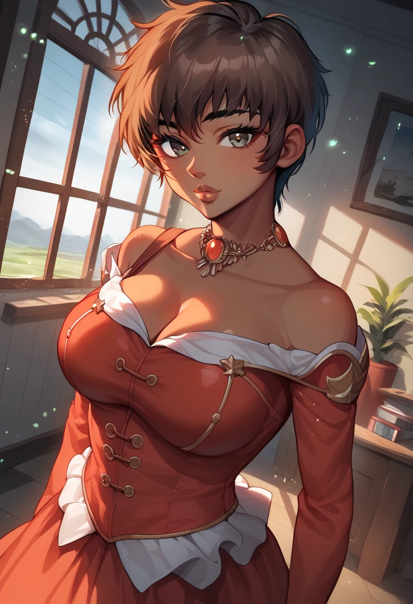 score_9, score_8_up, score_7_up, source_anime BREAK, solo, looking at viewer, cowboy shot, indoors, window, light particles, cinematic lightning, Casca_Def, brown hair, short hair, lips, dark-skinned female,red dress, red skirt, long skirt, shoulder cutout, long sleeves, halterneck,large breasts, cleavage, dutch angle, standing,