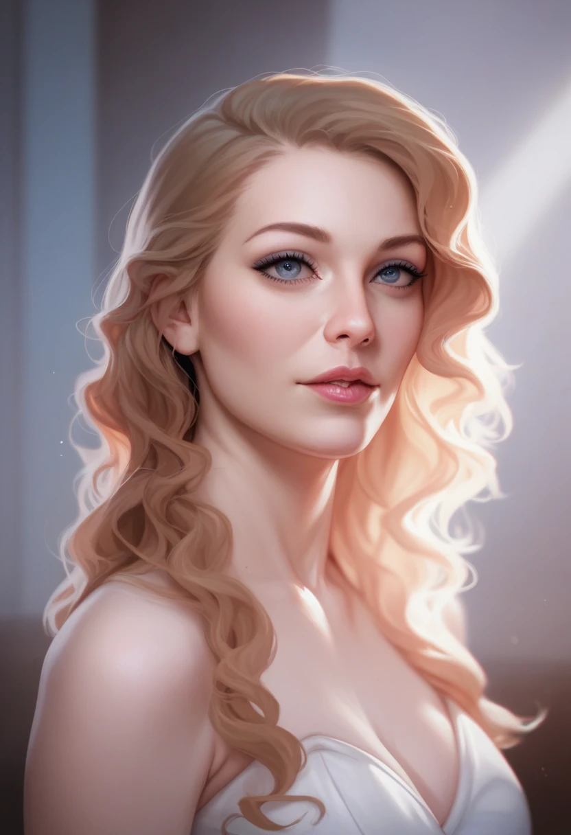 An image of a tasteful and artistic depiction of a perfectly sculpted blonde woman in a ((nude)) pose. She's bathed in subtle, soft sunlight filtered through delicate lace curtains, creating a play of light and shadow on her flawless skin. Her hair cascades down her back, golden strands catching the light. The background is a vintage rose-patterned wallpaper in neutral tones for a touch of old-world elegance. Depth of field should be shallow to put the focus solely on the model while gently blurring the background. The image should have a warm tone and generous exposure to accentuate the natural light. Image is captured via a Canon EOS 5D Mark IV with a 50 mm prime lens, with an aperture of f/1.2. Professional editing to enhance the sharpness, reduce noise, and adjust the color temperature to warmer hues, long blonde hair, (cleavage), high detail, film, professional, highly detailed, realistic, photorealistic, RAW photo, canon 5d, perfect shadows, natural color, realistic, photorealistic, relaxed, detailed skin, textured skin, intricate details, natural pose, natural eyes, natural pose, perfect fingernails, 