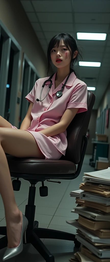 1womanl、(Super beautiful)、(ultra beautiful faces:1.5)、Nurse、(white panties)、Clear pubic contours、Spread your legs、(Nurse Uniform)、Obstetric examination chair、(At SFW:1.1)