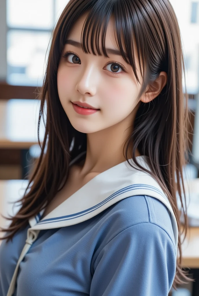 (masterpiece,  best quality:1.2),  1 Japanese female middle school student wearing a blue sweater, Alone, (( super cute face like a top idol wearing a sleeveless dress)),  beautiful model、  smaller breasts,  black hair, Slightly longer bob hair, (Sailor school uniform)、In a school classroom、( upper body),  beautiful portrait ,