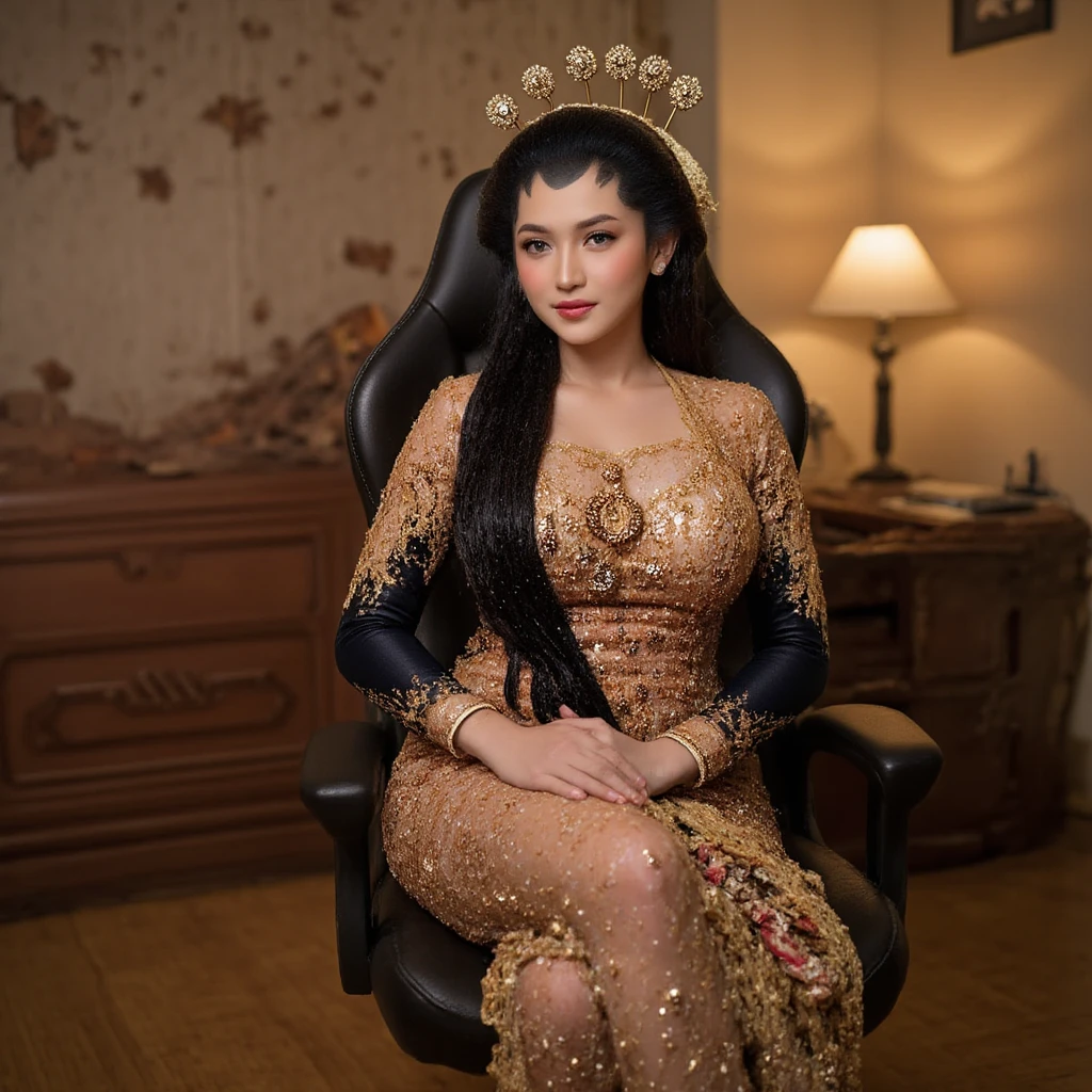  Indonesian-asian girl Traditional Asian Javanes Dress Long Sleeves Hiitam Color. black long skirt. ((Big boobs 2  .3)).  sitting on game chair . white shoes.  cross legs .   Full room background with LED light .  Detailed finger finger .   Highly detailed hand .   Rough color CCTV footage . Warm light .