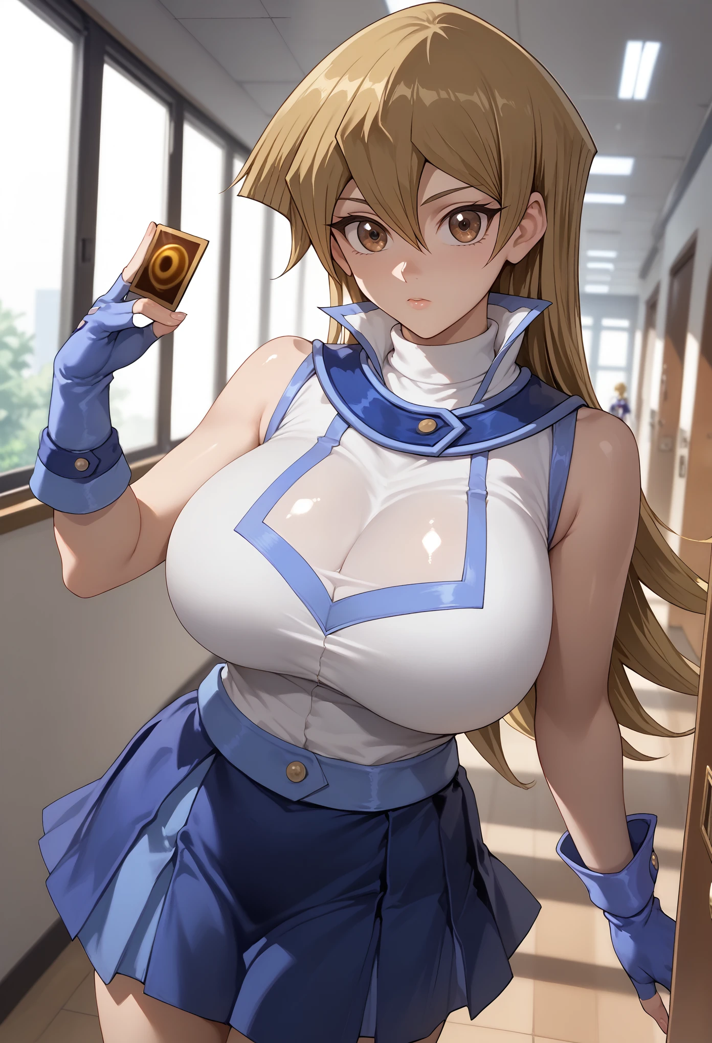 tenjouin asuka, yu-gi-oh!, duel academy uniform \(yu-gi-oh! gx\), brown eyes, long hair, blonde hair, brown hair, hair between eyes, straight hair, shiny skin, shirt, skirt, gloves, bare shoulders, school uniform, white shirt, sleeveless, miniskirt, fingerless gloves, blue skirt, sleeveless shirt, turtleneck, blue gloves, indoors, school hallway, huge breasts