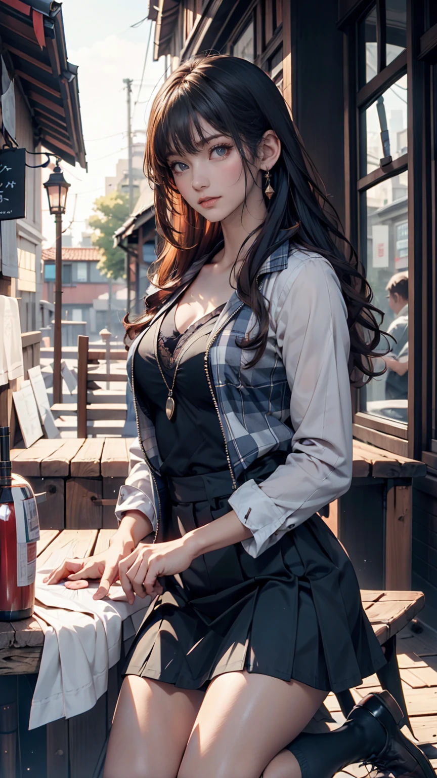 ((Biologically correct number of limbs))、(( Illustrations including faces))、4K、((Standing posture))、Masterpiece、((focus on the face))、((Symmetrical facial features))、Eyes with detailed description、Beautiful woman、Outstanding style、Beautiful clavicle、Beautiful legs、Beautiful Hands、Slender Body、Detailed depiction of faces、(Jacket、shirt、tie、skirt、High heels)、jungle、Droopy eyes、A photo of the face seen from the front at an angle、