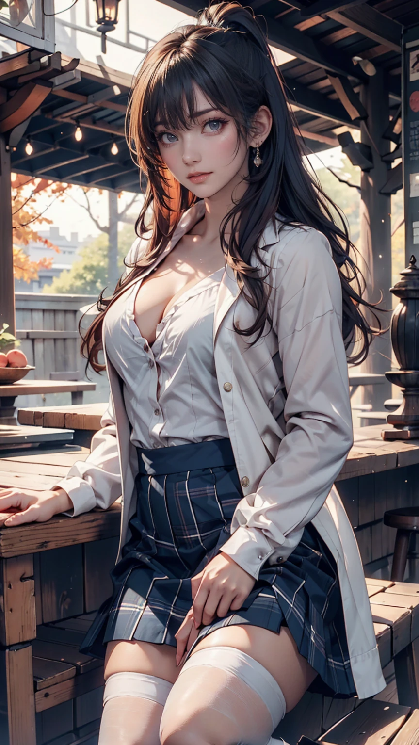 One girl,  nakiri it has, Kneel, Knee socks, navy Knee socks, Jacket, Checked skirt, Place your hand on your chest, Outdoor, anime_Screen Cap_it has