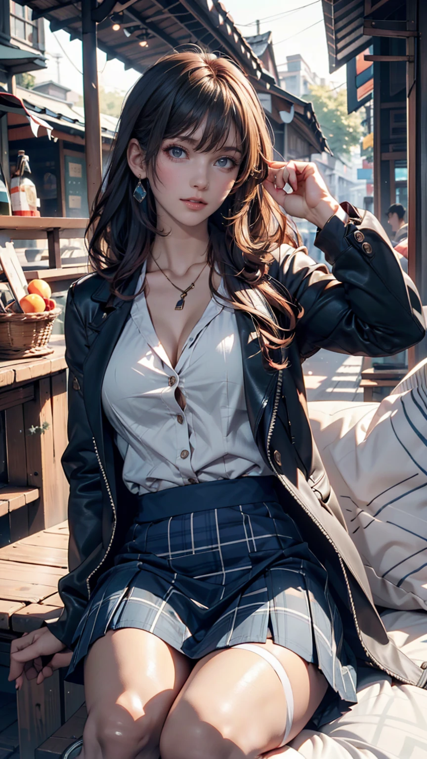 Model photographed in nature。Bohemian long dress、Fringed jacket、Lace-up boots、Her hair is loosely wavy、wearing a flower crown