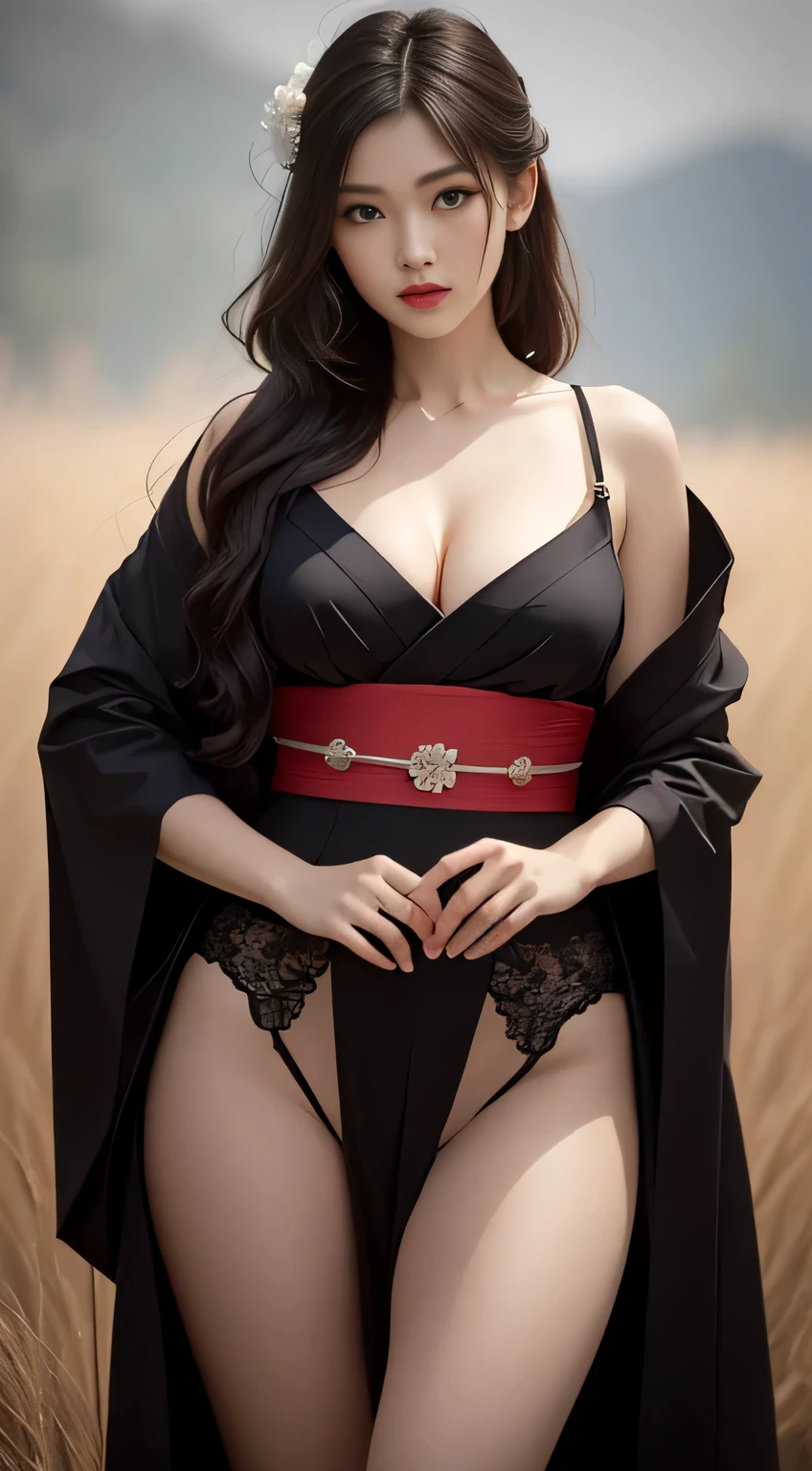 (masterpiece: 1.3), highest quality, ultra-high resolution, (masterpiece, high quality): 1.2), (sharp focus), (photorealistic: 1.4), 1 girl, shot from the knees up, accurate and perfect anatomy, beautiful face, detailed and perfect face, big and even eyes, delicious company, seductive figure, sexy open kimono, bewitching, sexy, erotic, big boobs, cleavage visible, sexy thighs realistic, shoulders flesh, kimono with open chest and messy, kimono texture and complex pattern meticulously expressed, (Dynamic pose), Change pose, (Dynamic angle), Best quality, Dramatic, Classical realism, Elegance and strength, Traditional Japanese aesthetics and modern atmosphere, Monochromatic color, Combination of details, Captivating images, Barren wilderness, Rain clouds covering the sky, (Field of depth: 1.3), (((Blur background))),