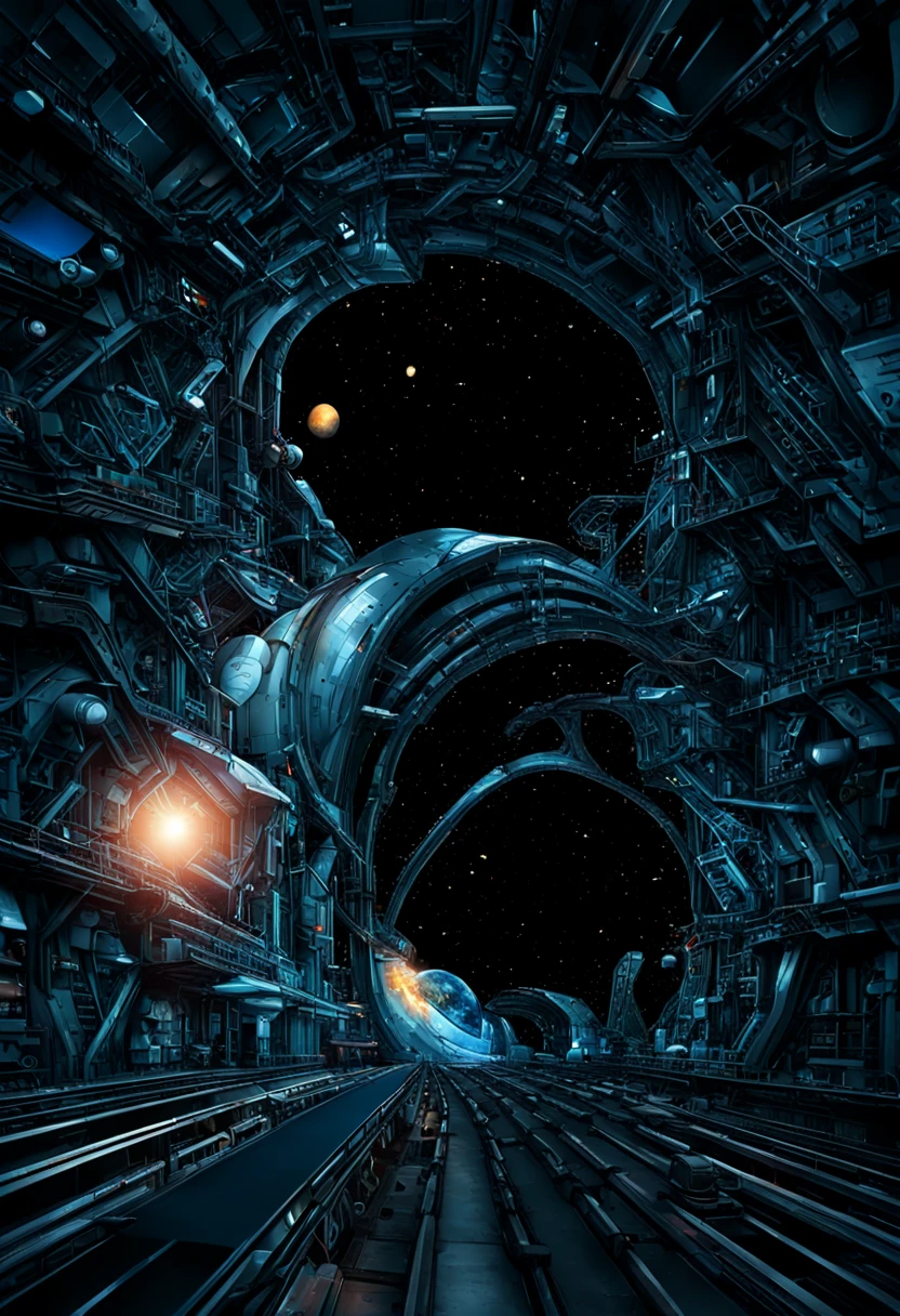 there is a train coming out of a tunnel with a planet in the background, big train in space, scifi platform, train in a tunnel, space travel, of space travel, futuristic cyber subway station, scifi scene, scifi illustration, depicted as a scifi scene, sci-fi digital art illustration, futuristic setting, sci - fi illustration, sci-fi illustration