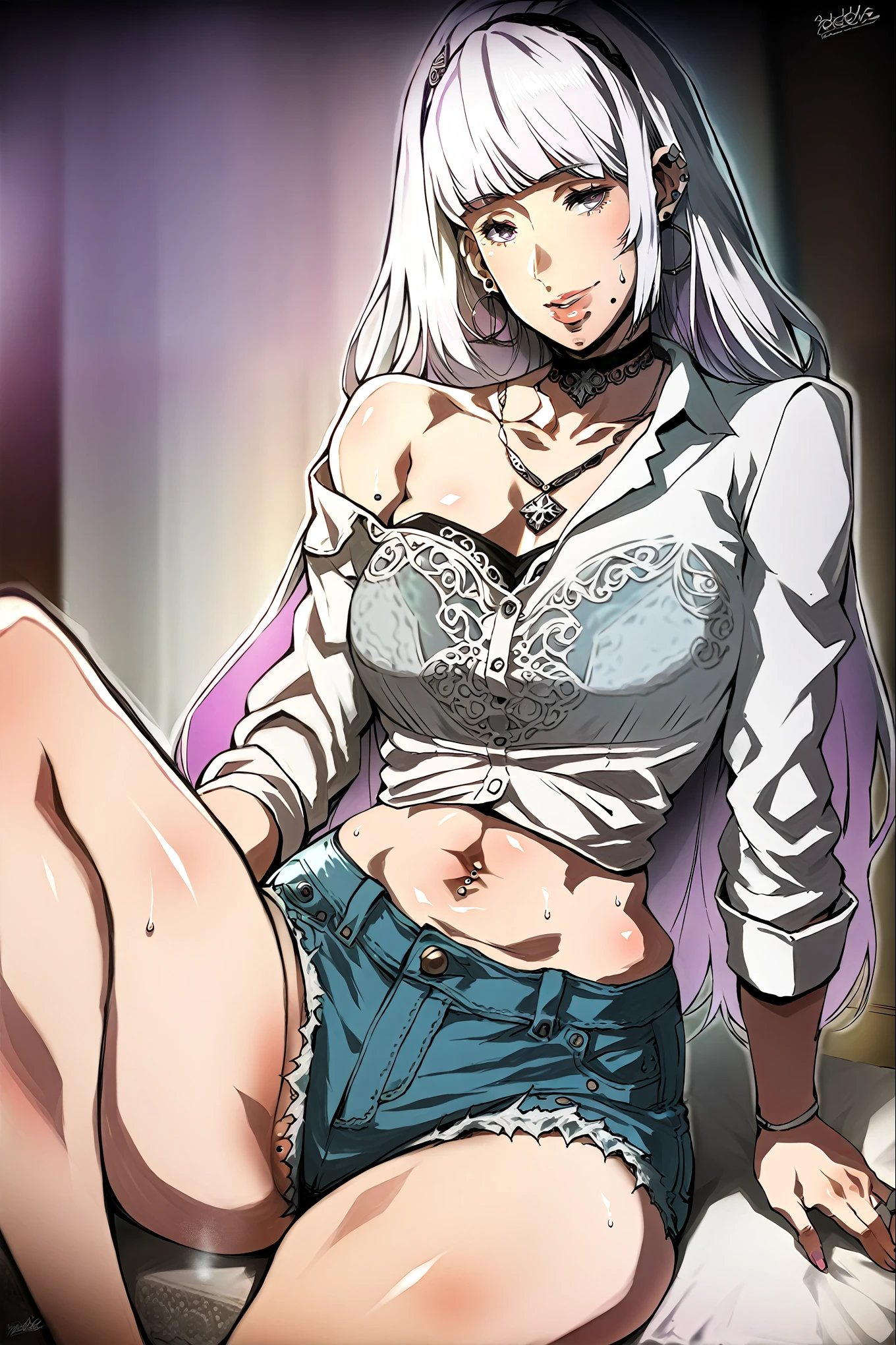 (harayutaka style:0.8), asura style, score_9, score_8_up, score_7_up, long hair, white hair, blunt bangs, purple eyes, black headdress, black hairband, BREAK masterpiece, best quality, very aesthetic, absurdres, beautiful detailed eyes, beautiful detailed lips, extremely detailed face and portrait, elegant expression, volumetric lighting, cinematic composition, detailed environment, lush garden, vibrant colors, intricate details, masterpiece, high resolution, digital painting, excessive sweating, sweating profusely, sweating drop, (soft warm lighting:1.2), (skindentation:1.2) BREAK, 1girl, piercing, solo, shorts, shirt, choker, navel_piercing, jewelry, denim_shorts, ear_piercing, looking_at_viewer, black_choker, denim, navel, earrings, breasts, sitting, barbell_piercing, collared_shirt, parted_lips, necklace, thighs, pink_nails, short_shorts, cutoffs, industrial_piercing, mole_on_stomach, see-through, collarbone, blue_shorts, off_shoulder, lips, smile, mole, indoors, 