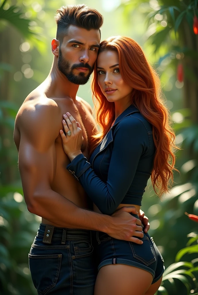 A 209 cm extremely tall male Mediterranean-Native American model wih black wavy short hair and a black scruffy beard towers behind a stunning woman whose height only comes up to his collar bone, with maroon locks cascading down her back in a side part. His chiseled physique is on full display, shirtless and clad in black pants, while she wears a lacy black and emerald bra and panties that accentuate her fit figure. A moody, dimly lit black underground bedroom serves as the backdrop for a striking tableau. The low lighting casts dramatic shadows, heightening the intimacy of this forbidden moment.
