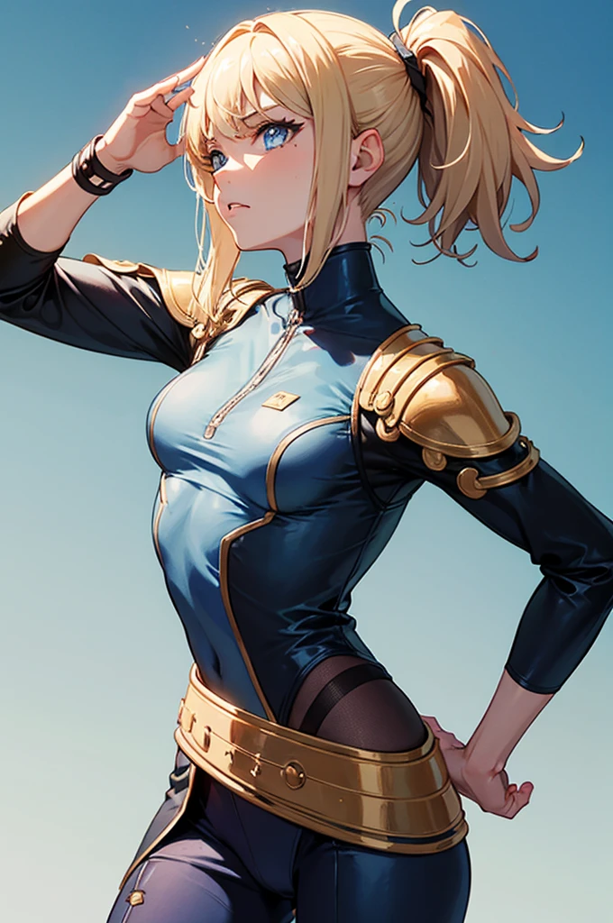  1 girl ,  blue eyes, Blonde,  closes her mouth, bangs,  ponytails bleeding from the vagina, Jojo pose,Dramatic art touch,Unusual clothes,pants, colorful 