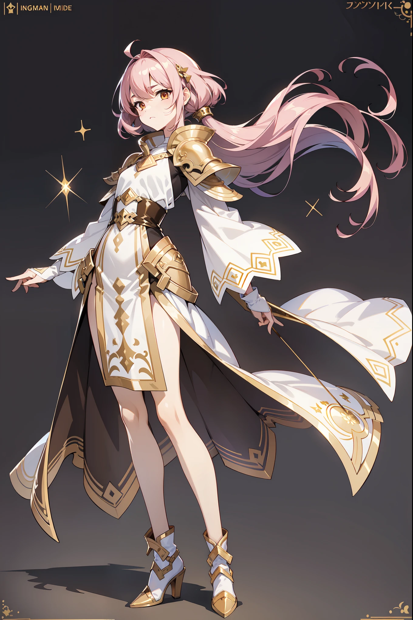 Image is a fullbody digital illustration of ragnarok online character, featuring a fantasy character with exaggerated proportions and a cute appearance. The character is a small, humanoid figure with a large head and expressive, bright orange eyes. They have short, purple pink hair peeking out from under a dark hooded cloak. The cloak is detailed with gold accents and flows down to the character's feet. The character is dressed in a white tunic with intricate gold designs and wears gold and brown armor on their arms and legs. They are holding a golden bow with an ornate design, poised as if ready to shoot an arrow. The background is a simple gradient, enhancing the focus on the character. The overall color palette includes shades of gold, brown, and white, creating a cohesive and striking visual effect.