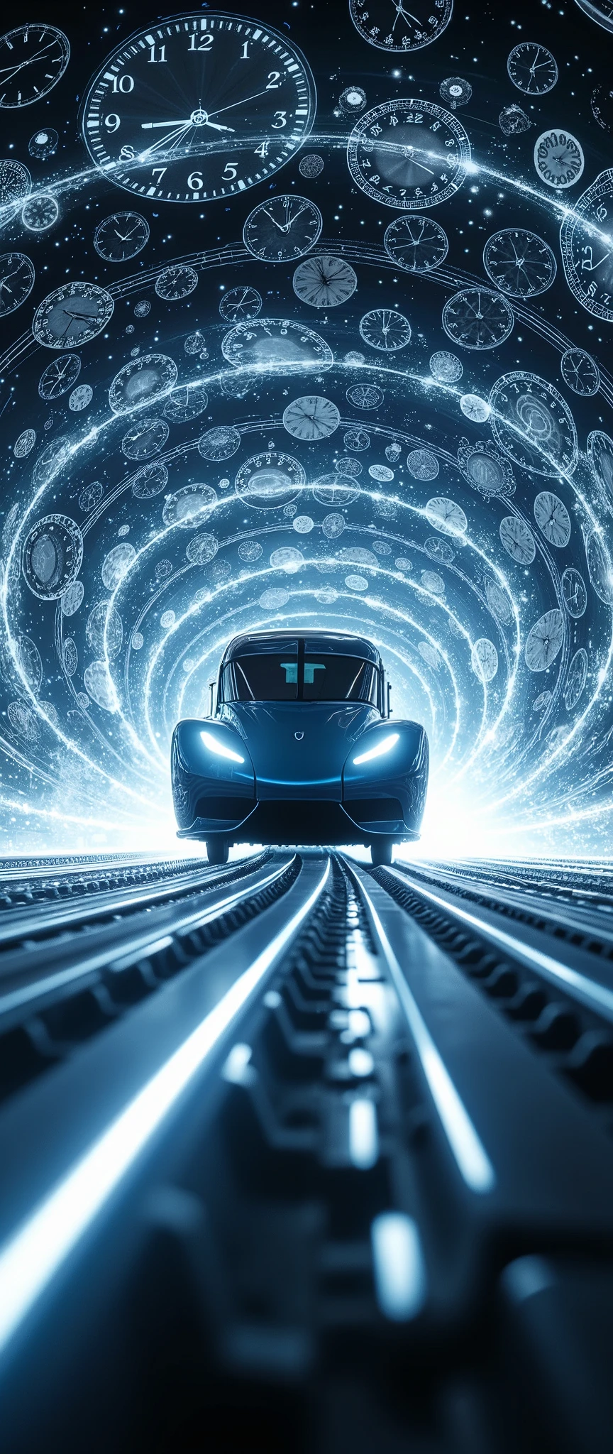 (masterpiece:1.2, Outstanding quality ,Mirror finish, Cinematic Experience, Best Illustration , super detailed),8k,16k,A train that transcends time and space,(A linear motor car that sails in time and space :2.0),(SF:2.0),( A linear motor car with a beautiful streamlined shape :2.0),(dynamic,Taken from below the aircraft ),(Beautiful white time lines express super speed of light :2.0),( The background is a wormhole and subspace :2.0),( motion blur),(The background is a vortex of time designed with countless distorted clocks:2.0)