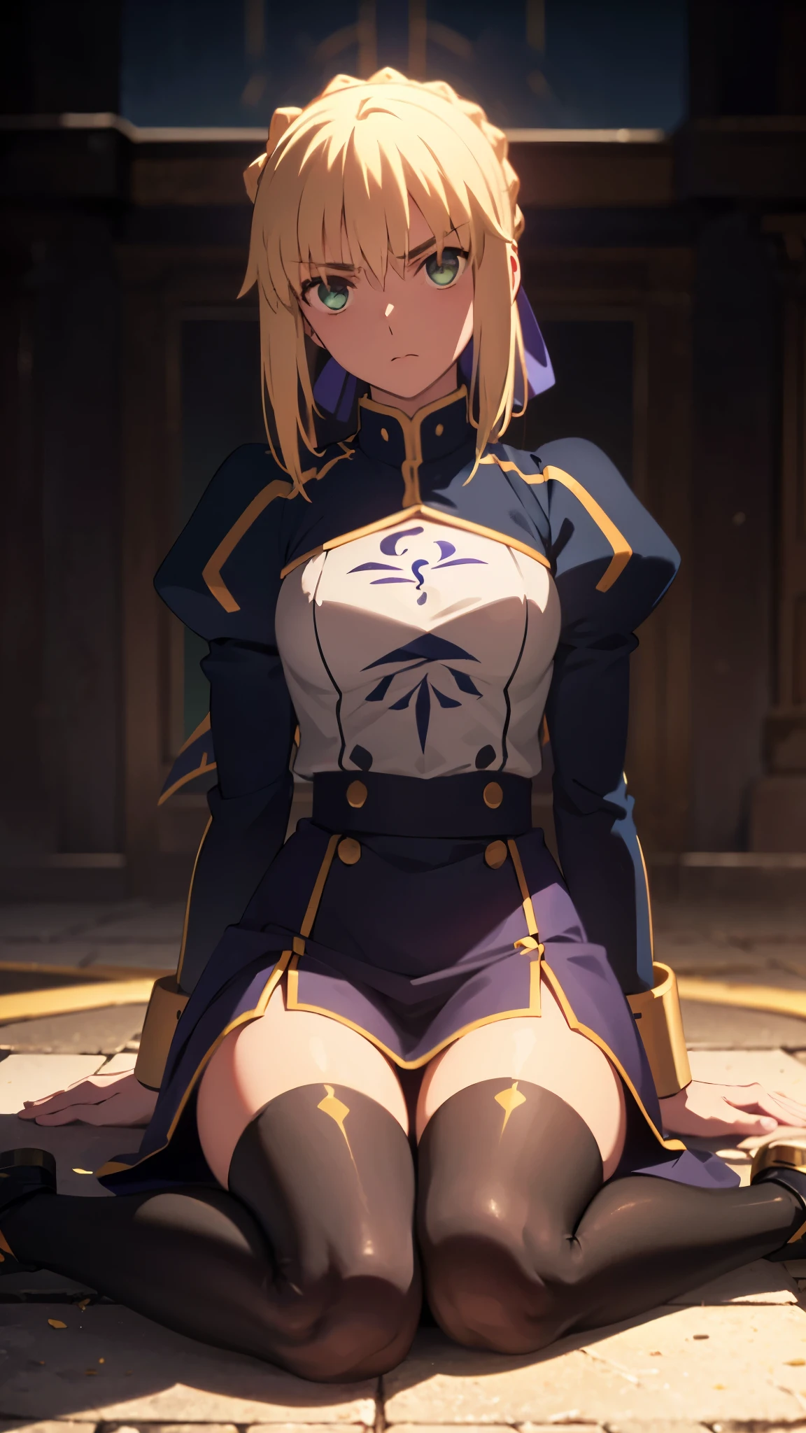 saber from fate; up to down perspective; praying for god sitting on knees; praing pose; staring on sky; mini-skirt; stockings; aesthetic; bohemian; realistic; skinny fit; emo; ; night church background; Dark fantasy ; focus on hips; goddess; solo girl; epic scene cute eyes; black and yellow outfit;