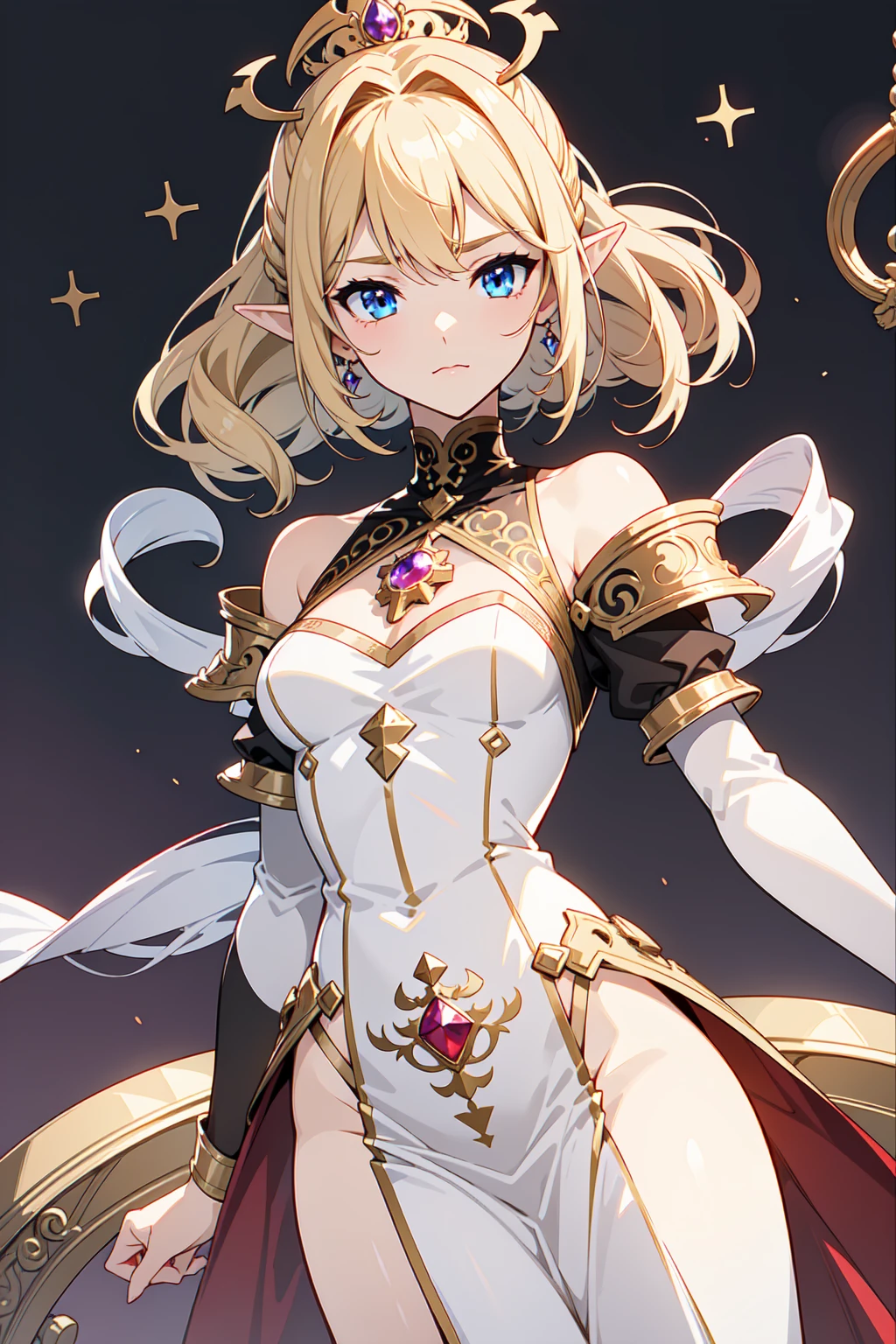 Image is a fullbody digital illustration of ragnarok online character, featuring a fantasy character with exaggerated proportions. The character has long, blonde hair and large blue eyes, with fair skin and pointed elf-like ears. She wears a small golden crown adorned with red jewels. Her outfit is a combination of armor and a dress, with gold and red accents, including a white top with a plunging neckline, gold shoulder armor, and a red skirt with gold trim. She holds a large, ornate staff with a cross-shaped top and a central red gem. The background is a light blue gradient with the word 'LUNA' repeated in a stylized, bold font, accompanied by star shapes in various shades of blue and purple.
Thick outline. The background is plain white, emphasizing the character's vibrant design. Ensure no part of the character is cropped or cut off. Highly detailed, vibrant colors, and realistic proportions.
