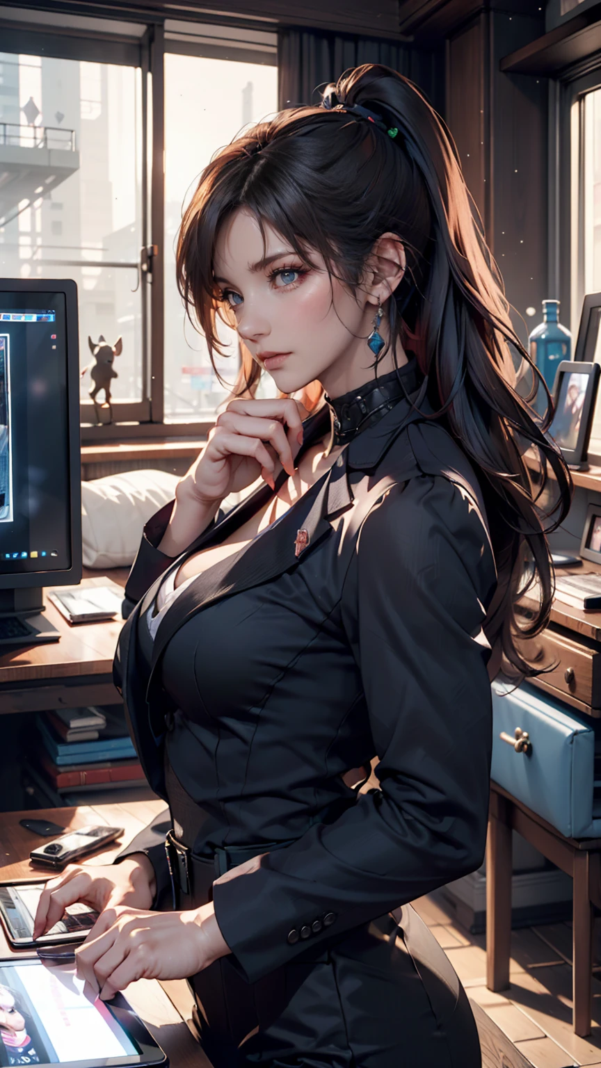 Absurd resolution, high resolution, (masterpiece: 1.4), hyper-detail, 1 young woman, short red hair, pilot suit, rich princess, sitting in an extremely narrow and closed mecha control room looking out the window, the window is the space universe can see the blue planet (1.5), the expression is excited, the mecha control room is in the universe
