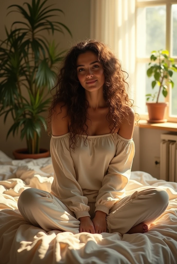 (photorealism:1.2), beautiful woman, sitting on bed, wearing loose off-shoulder top, pajama pants, long curly hair, indoors, soft lighting, plants in background, window with sunlight, cozy room, relaxed pose, realistic, intricate details, warm colors, by Greg Rutkowski, by Alphonse Mucha