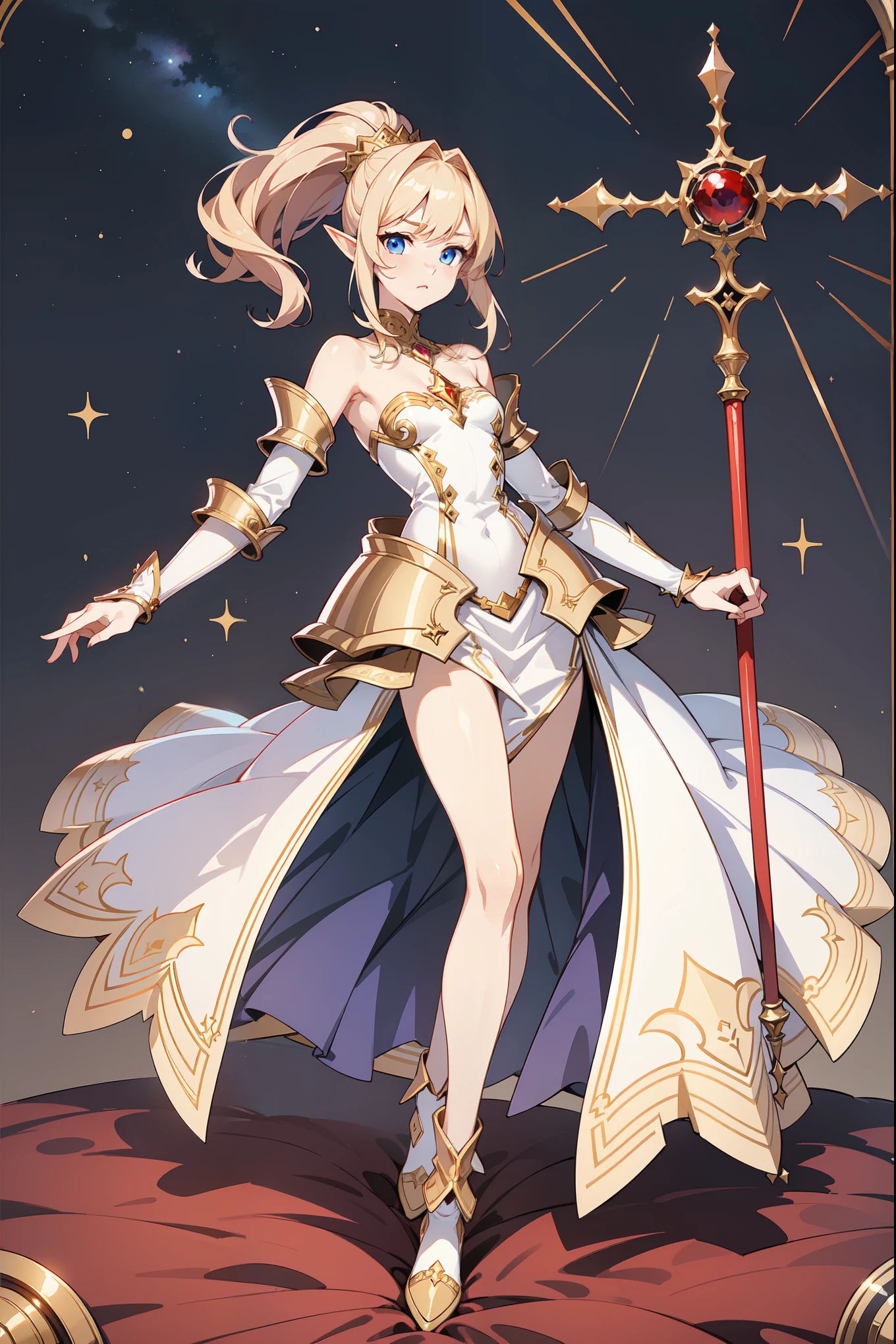Image is a fullbody digital illustration of ragnarok online character, featuring a fantasy character with exaggerated proportions. The character has long, blonde hair and large blue eyes, with fair skin and pointed elf-like ears. She wears a small golden crown adorned with red jewels. Her outfit is a combination of armor and a dress, with gold and red accents, including a white top with a plunging neckline, gold shoulder armor, and a red skirt with gold trim. She holds a large, ornate staff with a cross-shaped top and a central red gem. The background is a light blue gradient with the word 'LUNA' repeated in a stylized, bold font, accompanied by star shapes in various shades of blue and purple.
Thick outline. The background is plain white, emphasizing the character's vibrant design. Ensure no part of the character is cropped or cut off. Highly detailed, vibrant colors, and realistic proportions.