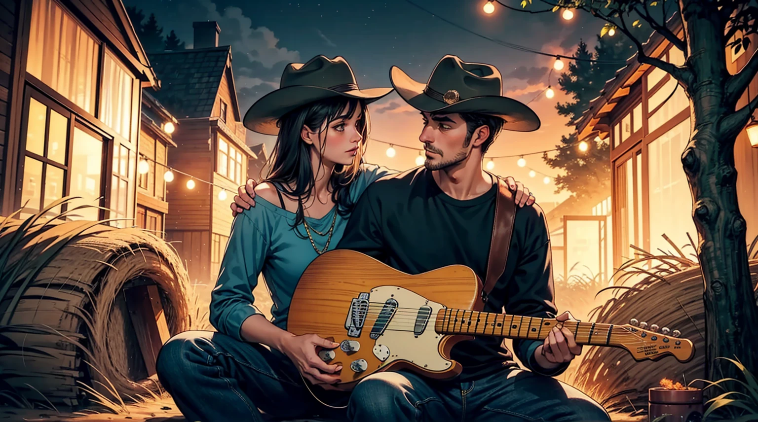 masterpiece, a romantic evening scene with a man wear a cowboy hat playing a telecaster electric guitar and a woman resting her head on his shoulder . The backdrop in the evening with twinkling lights, and the couple is surrounded by nature and a pile of straw,haystack
