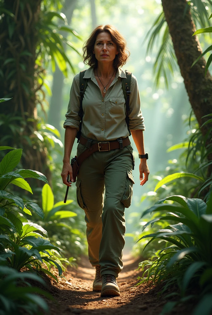 A 39 years old woman walking in jungle