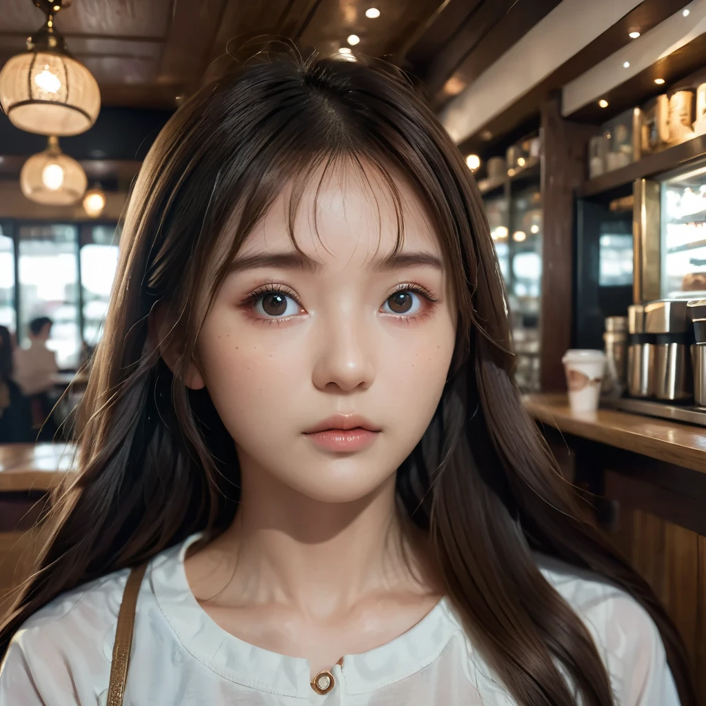 masterpiece,best quality,absurdres,beautiful pretty cute small face,1girl,shiny_skin,solo,pensive look,brown hair,long hair,straight hair,double eyelids,eye bags,perfect body,dynamic pose,coffee shop, detailed face,intricate details,cinematic composition,face focus,portrait