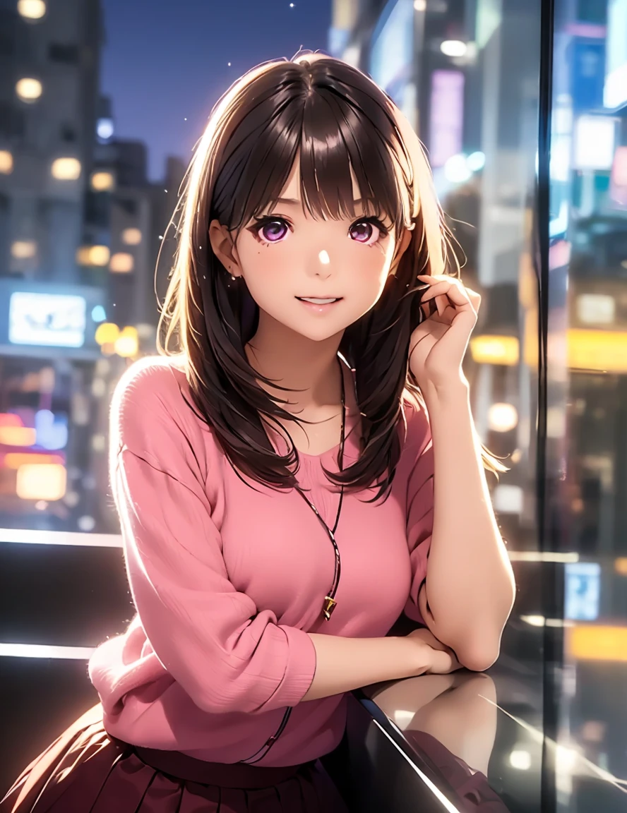     High Definition to keep your legs loosely aligned  ,In 8K,  best quality ,  Details, semi-realistic anime , D-anime style ,  Smooth Anime CG  ,  one girl who is at ease,   19-year-old Japanese woman , ((Beauty)),  slim,modeling,((Sparkling Eyes)),(( medium hair)),(( straight beautiful hair )),((felt skirt )),(( Maroon Sparkling Hair )),  pink lips,  Shiny Brown Hair ,  Detailsな顔,Beautiful and   Details,,((深い青紫色のSparkling Eyes)),((Open your mouth)),(Smile)((Office district at night)),((emerald neon reflection)),((I'm leaning against a glass wall )),( slouching forward),(( beautiful light up bokeh background )),(( look at the camera)),