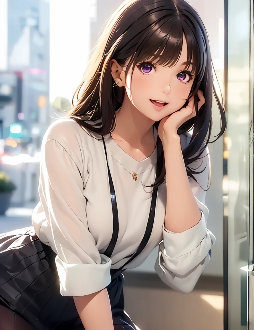     High Definition to keep your legs loosely aligned  ,In 8K,  best quality ,  Details, semi-realistic anime , D-anime style ,  Smooth Anime CG  ,  one girl who is at ease,   19-year-old Japanese woman , ((Beauty)),  slim,modeling,((Sparkling Eyes)),(( medium hair)),(( straight beautiful hair )),((felt skirt )),(( Maroon Sparkling Hair )),  pink lips,  Shiny Brown Hair ,  Detailsな顔,Beautiful and   Details,,((深い青紫色のSparkling Eyes)),((Open your mouth)),(Smile)((Office district at night)),((emerald neon reflection)),((I'm leaning against a glass wall )),( slouching forward),(( beautiful light up bokeh background )),(( look at the camera)),