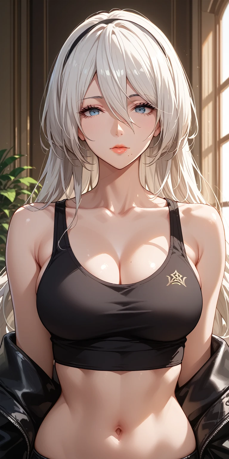 Score_9, Score_8_up, Score_7_up, Source_anime, anime art, anime style, very aesthetic, masterpiece, high quality, 1girl, cool character, mature woman, milf, curvaceous, mole under mouth, black tank top, navel, white hair, long hair, hair between eyes, expressionless, 2b, yorha no. 2 type b, home, soft light, upper body