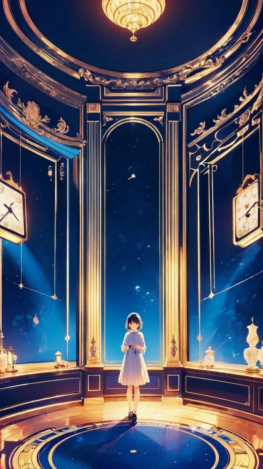 Create an illustration of a fantastical space filled with countless intricately crafted clocks.. Each watch exudes nostalgia and wonder, The overall look creates a fascinating and nostalgic atmosphere.. These clocks are floating in a space-like void.,  Creates a fantastical atmosphere,  . Standing at the center of this enchanting scene, A lonely young girl, Her presence、Adding innocence and curiosity to the space. The wonder of her big eyes、Reflects the magical essence of the scene, The whole illustration looks dreamy and charming..
