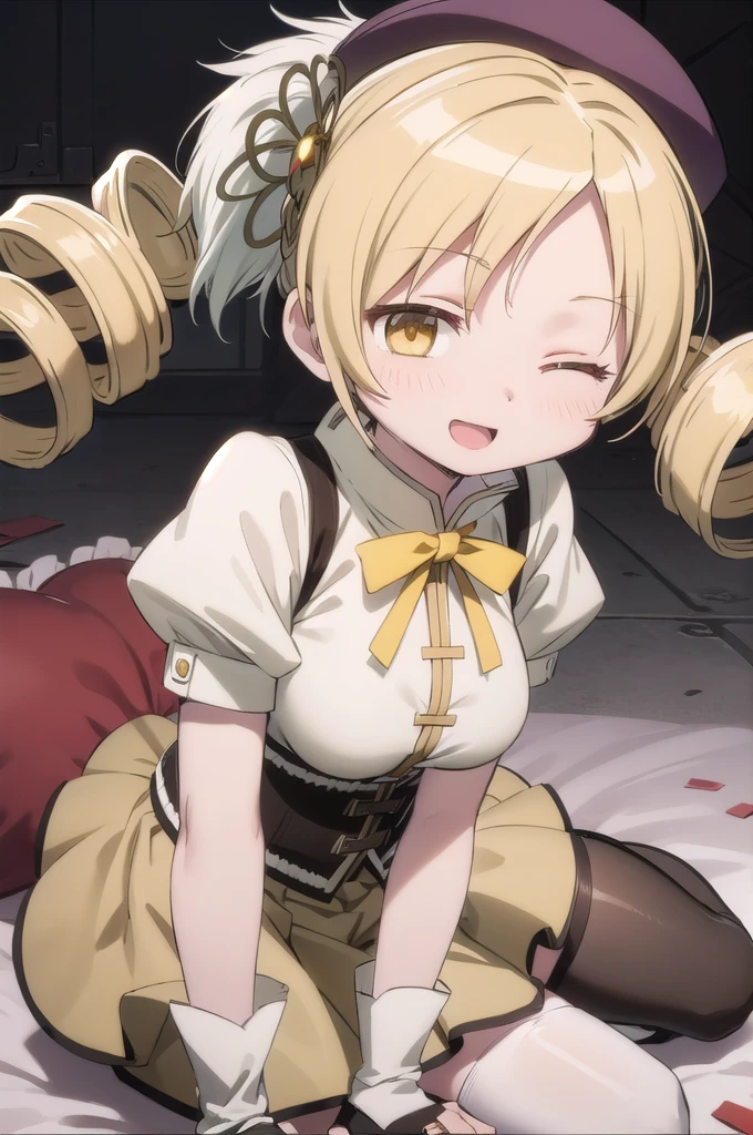 mami tomoe, big breast, blonde hair, drill hair, tentacle leash, skirt lifting, white underwear, choking,strangle, scenery, closed eyes, :o, pain, moaning, wind blow, tentacle around neck, (torn clothes:1.2)
