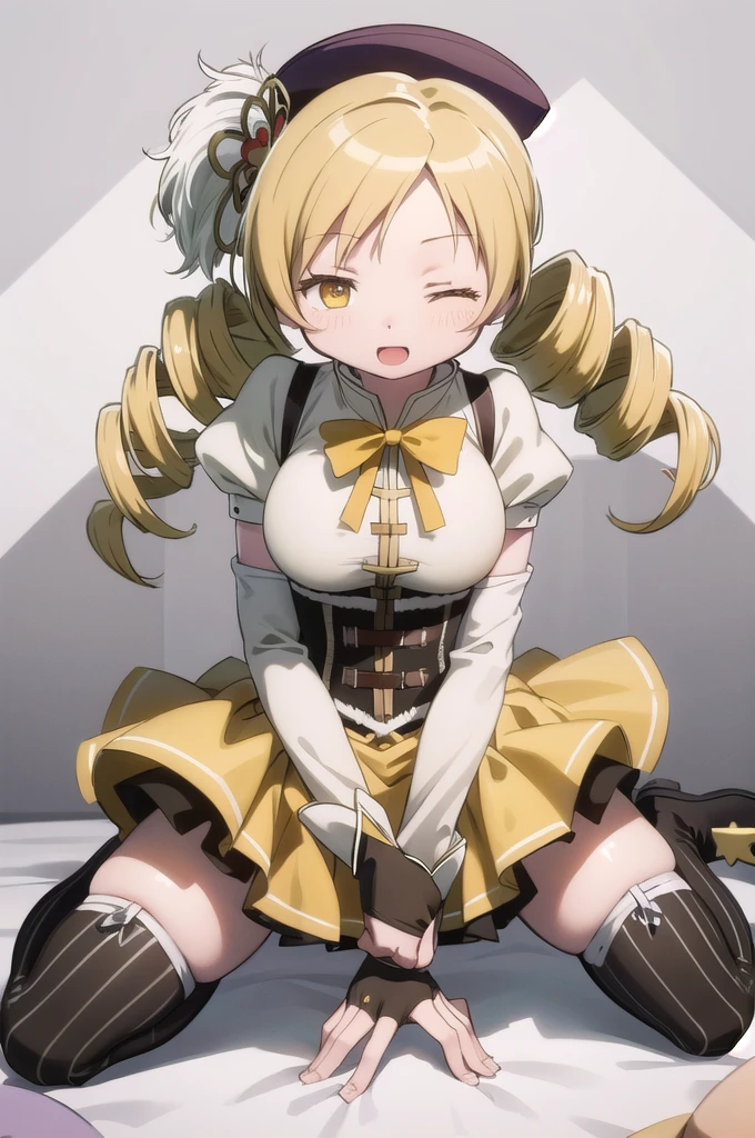 (Highest quality:1.2), alone, One woman, Tomomi, blonde hair, drill hair, twin drills, (yellow eyes:1.3)、(blush:1.1), Embarrassing, View your viewers, ((Black Bra))、((Black Panties))、((mini skirt))、((Thigh-high socks))、((Photo from below))、