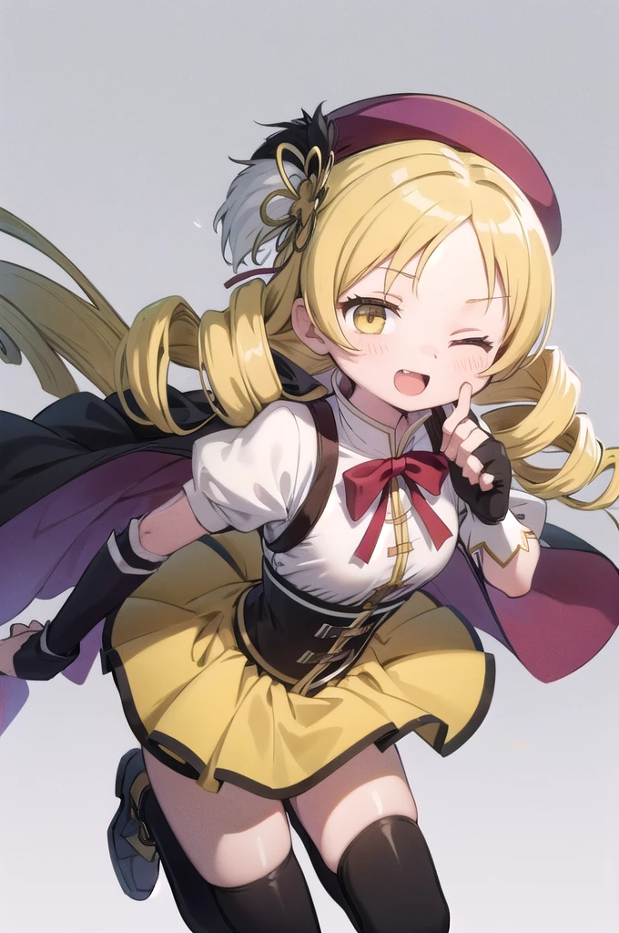 1girl, solo, masterpiece, best quality,
        hat, beret, brown headwear, detached sleeves, gloves, fingerless gloves, mahou shoujo madoka magica, mami tomoe, tomoe mami, yellow eyes, tareme, blonde hair, long hair, drill hair, twin drills, parted bangs, magical girl, corset, brown corset, suspenders, shirt, collared shirt, white shirt, bowtie, yellow bowtie, puffy sleeves, puffy short sleeves, short sleeves, puffy detached sleeves, white sleeves, taut clothes, skindentation, soul gem, large breasts, underbust, skirt, yellow skirt, miniskirt, thighhighs, brown thighhighs, striped thighhighs, vertical-striped thighhighs, thick thighs, boots,
all fours, looking at viewer, breasts,
blush, smile, one eye closed, ;o, open mouth,
simple background, white background