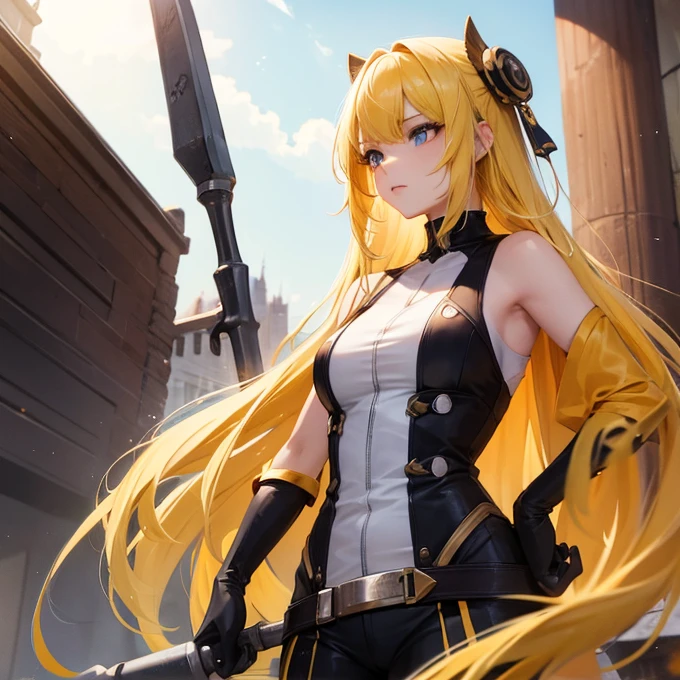 high resolution, Girl with partial light yellow hair holding a huge hammer