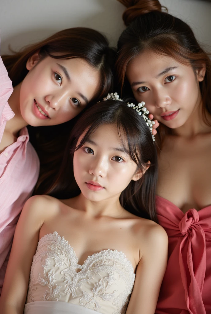 ((Highest quality)), ((masterpiece)), (detailed), Three Girls, sexy、(((Upper body naked)))、((Maid clothes))、Blonde、Long Hair、Messy bangs、Glasseouth wide open、Young Girl、((They're pressing their nipples together))、