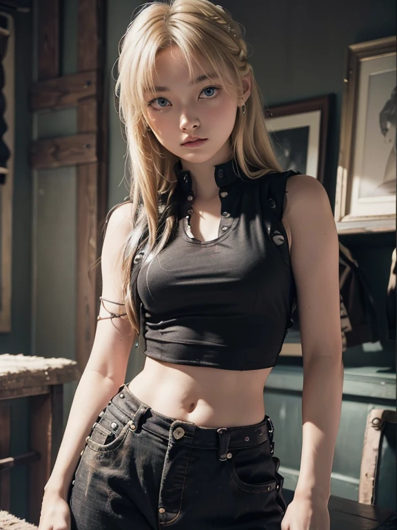 1 beautiful woman, Medium breasts,Medium blonde hair,Wearing a black top,Camouflage military pants,Perfectcomposition, Perfect anatomy, Masterpiece, Extremely detailed, Vibrant colors,