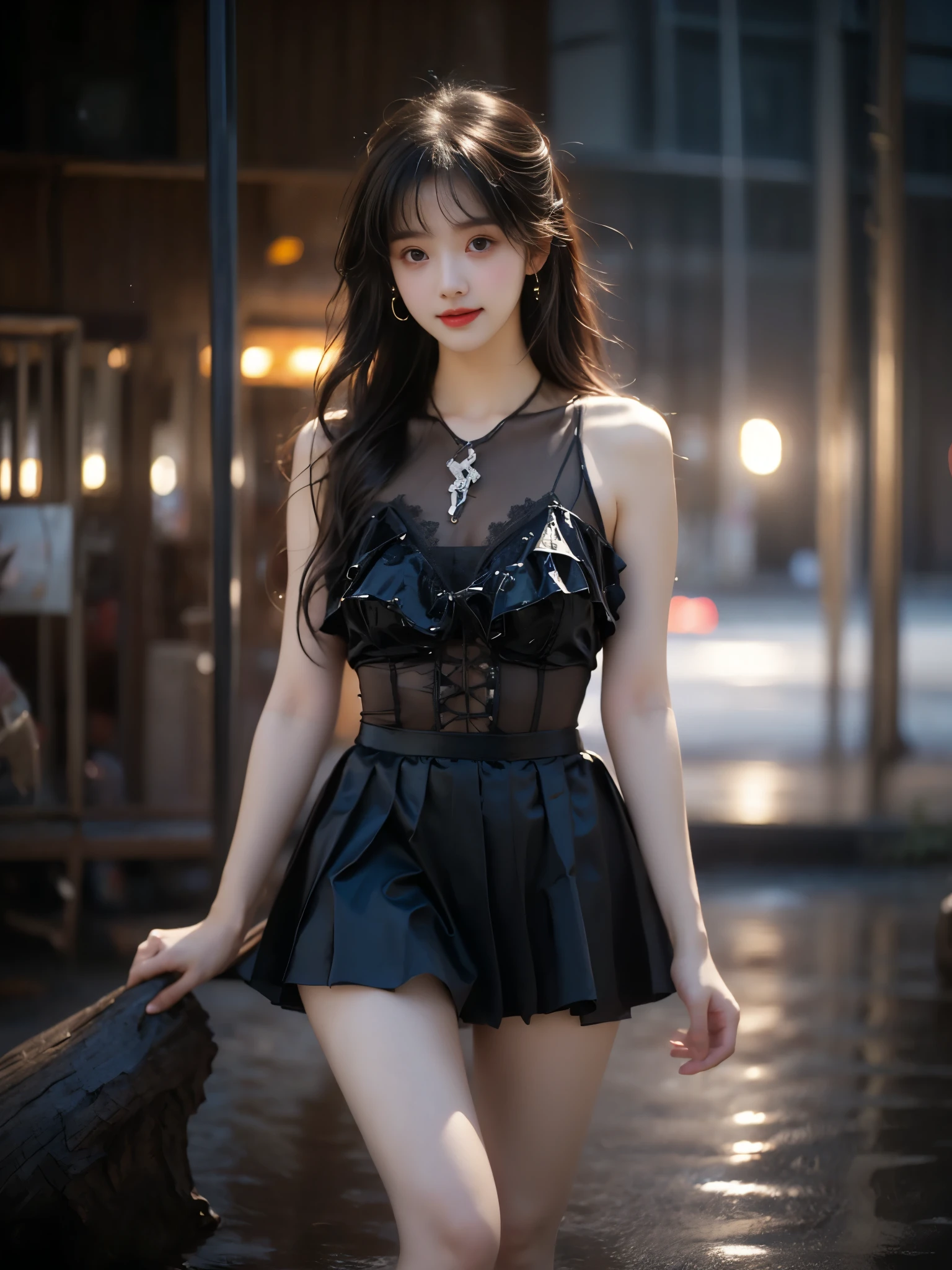 tutututu
black short sleeveless dress
see-through ((full body)), (photorealistic:1.2), (Dark colors, dark styles),1girl, young woman, (Glass texture, transparent color), (Full breasts, visible cleavage, long slender legs), (perfect face), (Random scene, random shooting Angle), sitting pose, elegant posture, hand playing with hair, flowing hair in wind, another hand lifting skirt hem, pleated miniskirt, school uniform style, bright genuine smile showing teeth, (detailed facial features:1.3), smooth skin, soft lighting, depth of field, high quality, masterpiece, best quality, ultra detailed, 8k uhd, film grain, subsurface scattering