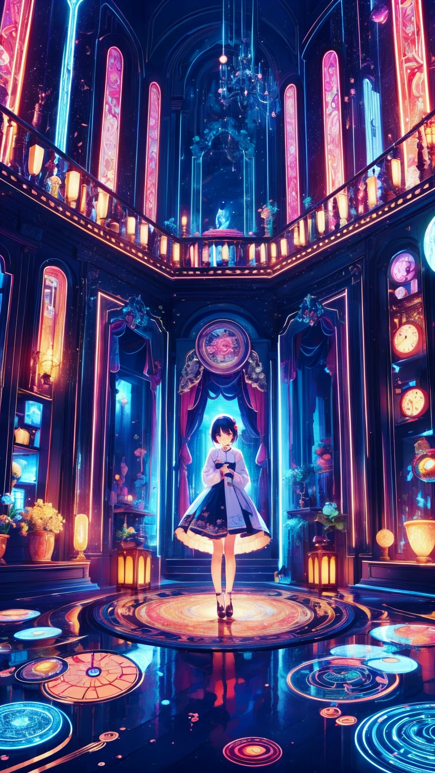 ,  full body view, Head to Toe Composition,Create an illustration of a fantastical space filled with countless intricately crafted clocks.. Each watch exudes nostalgia and wonder, The overall look creates a fascinating and nostalgic atmosphere.. These clocks are floating in a space-like void.,  Creates a fantastical atmosphere,  . Standing at the center of this enchanting scene, A lonely young girl, Her presence、Adding innocence and curiosity to the space. The wonder of her big eyes、Reflects the magical essence of the scene, The whole illustration looks dreamy and charming..
