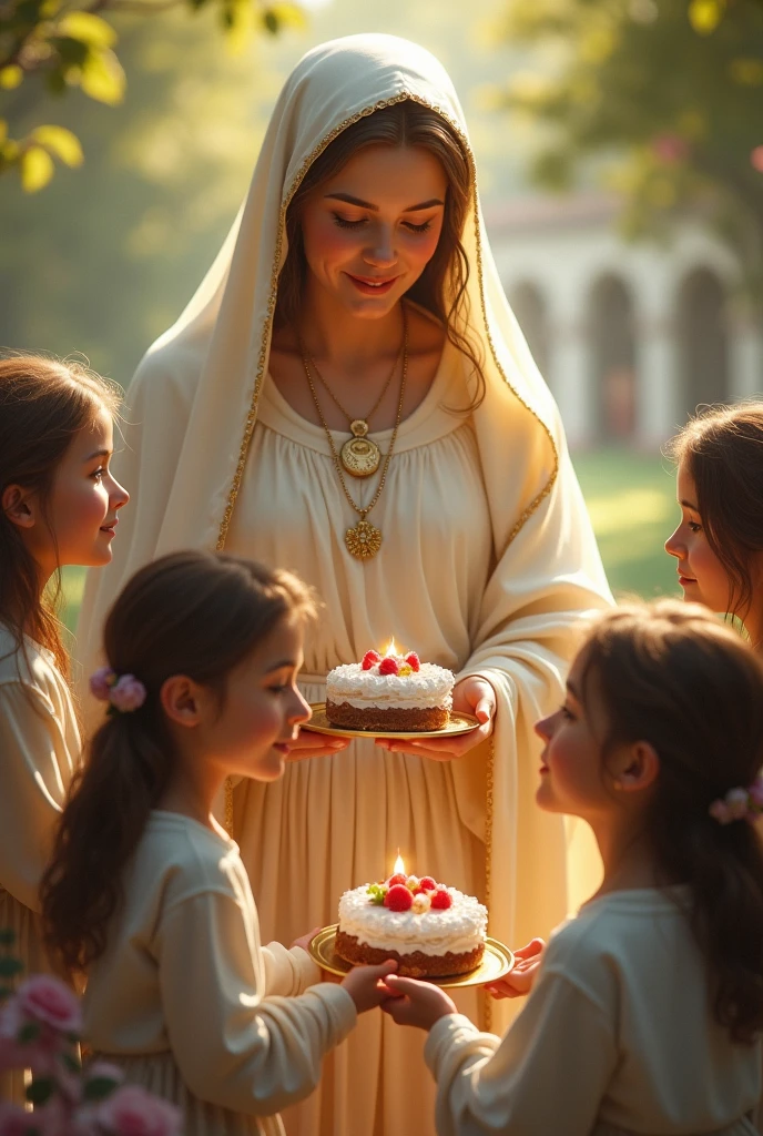 Our Lady, Jesus' mother, helping brown and diverse Brazilian children to decorate cupcakes in a large church of St. John of Bosco there may be white children too and it may be the image of St. John of Bosco