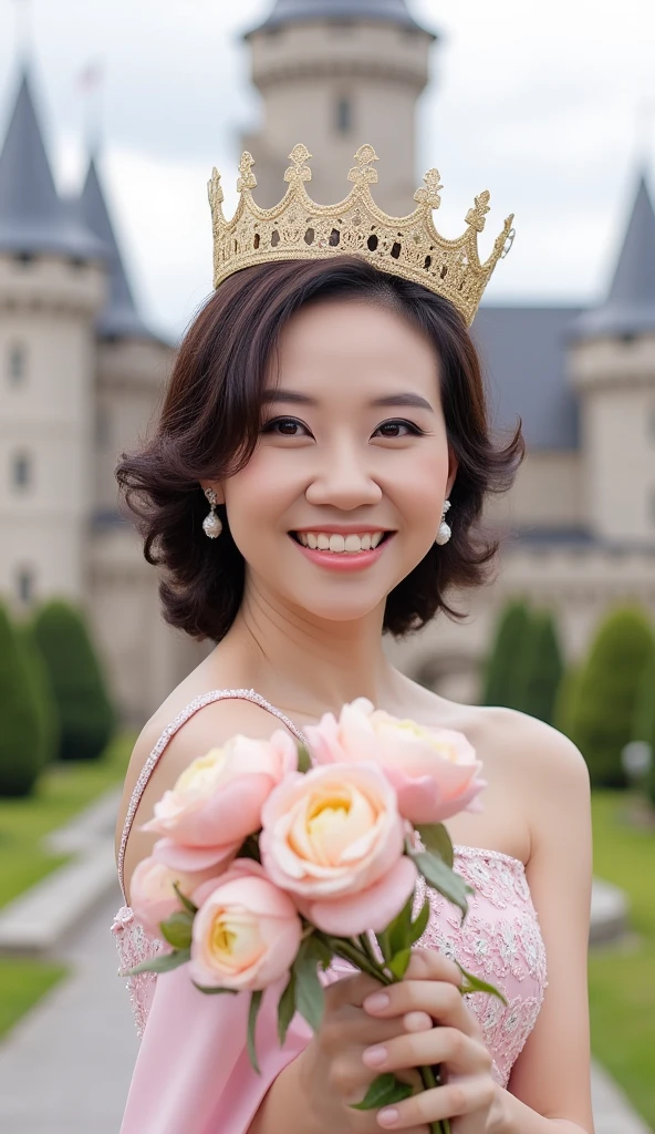 clean, detail eyes, detail nose, detail lips, best quality, 4k, 8k, high resolution, masterpiece:1.2, ultra-detailed, render, perfect shape, White Caucasian woman wearing a light pink dress, brown hair color, wearing a golden crown, carrying flowers under the chin, facing the camera with a faint smile, castle background