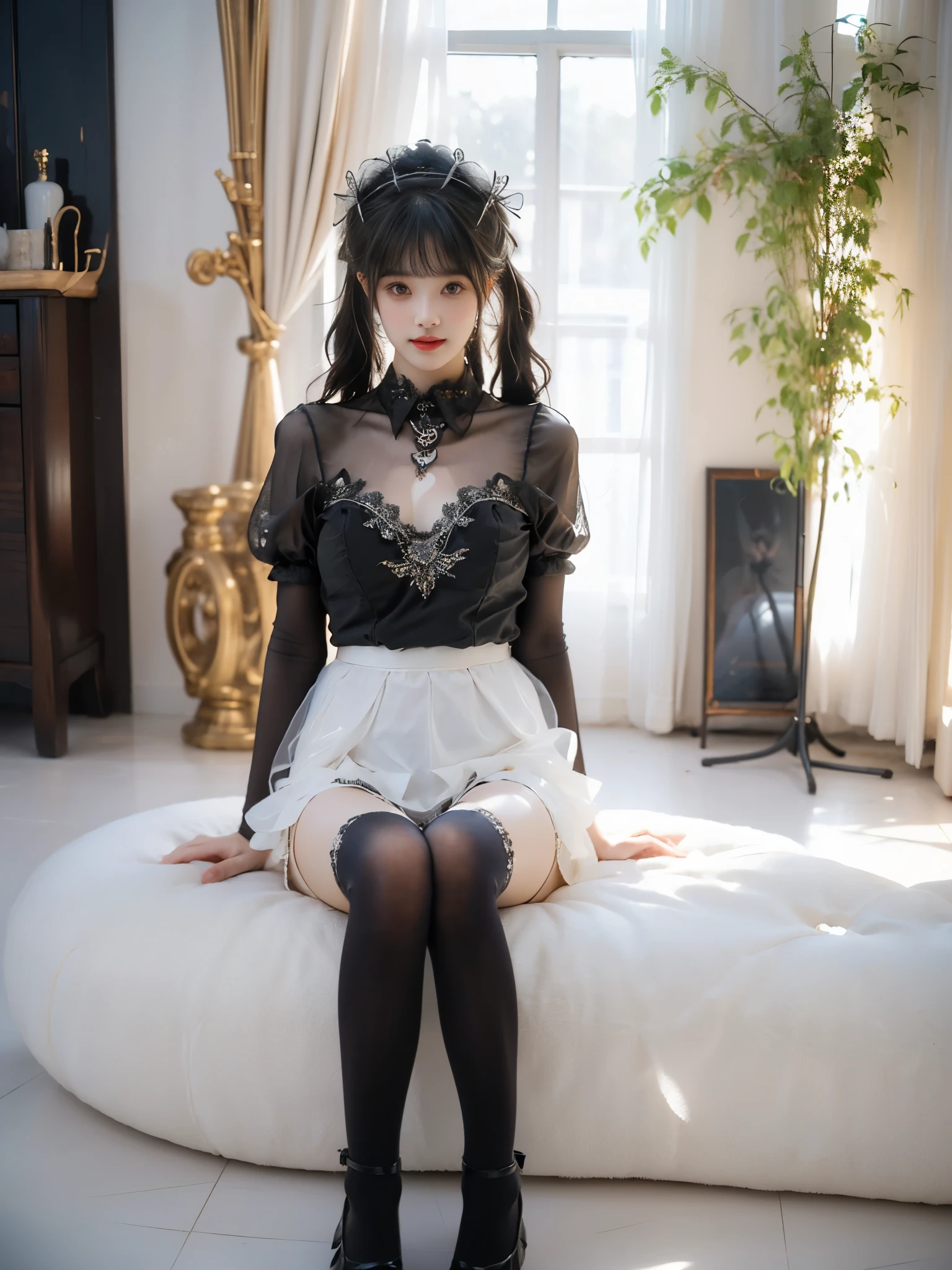 black thighhighs,dress,killer,maid,maid headdress,thighhighs, ((full body)), (photorealistic:1.2), (Dark colors, dark styles),1girl, young woman, (Very short hemline, revealing sexy long legs, natural elegant sitting posture), (Glass texture, transparent color), (Full breasts, visible cleavage, long slender legs), (perfect face), (Random scene, random shooting Angle), sitting pose, elegant posture, hand playing with hair, flowing hair in wind, another hand lifting skirt hem, bright genuine smile showing teeth,  (detailed facial features:1.3), smooth skin, soft lighting, depth of field, high quality, masterpiece, best quality, ultra detailed, 8k uhd, film grain, subsurface scattering