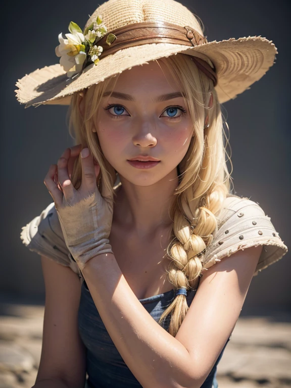 obsolescence, scarce, future, abstract, candid photography of a young woman, torn patchwork tunic, character focus, colorful but drab, textured, heavy bokeh, overgrown lush warehouse, full of expression, close up, busty, sun hat