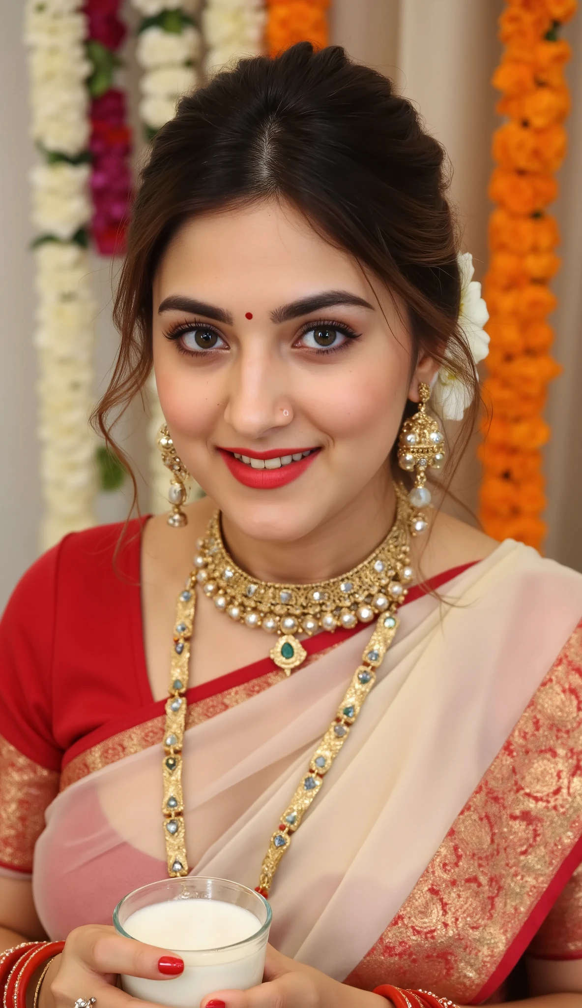 extreme close up photo of traditional Indian woman, perfect thick figure, seductive eyes, looking at viewer, sultry, wearing an elegant cream transparent saree with a rich red border showing deep navel. She is adorned with traditional gold jewelry, including a necklace with pendants and matching earrings, and has jasmine flowers in her neatly tied hair. Her wrists are decorated with red glass bangles, and she holds a glass of milk in her hands with a serene smile. The setting is a festive indoor environment with hanging flower garlands in the background, exuding a warm and celebratory atmosphere. The lighting is soft, highlighting her features and the intricate details of her attire, 4K, HD
