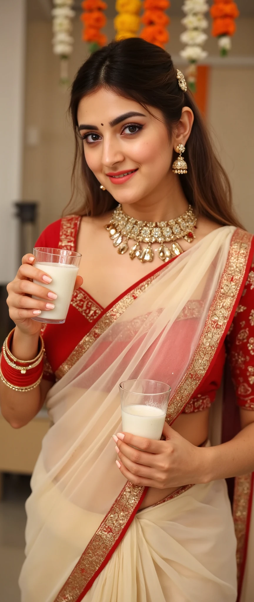 extreme close up photo of traditional Indian woman, perfect thick figure, seductive eyes, looking at viewer, sultry, wearing an elegant cream transparent saree with a rich red border showing deep navel. She is adorned with traditional gold jewelry, including a necklace with pendants and matching earrings, and has jasmine flowers in her neatly tied hair. Her wrists are decorated with red glass bangles, and she holds a glass of milk in her hands with a serene smile. The setting is a festive indoor environment with hanging flower garlands in the background, exuding a warm and celebratory atmosphere. The lighting is soft, highlighting her features and the intricate details of her attire, 4K, HD
