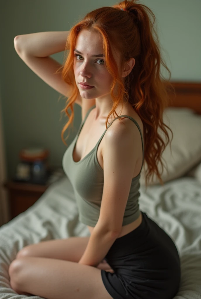 1girl in, age19, Solo, Aesthetic artwork, irish redhead, wavy ginger hair, shoulder length ginger hair, gray eyes, light grey eye, in a dark bedroom sitting down, relaxing, innocent