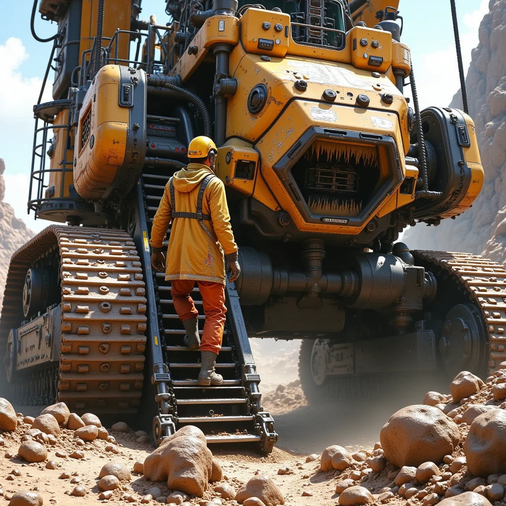  A drilling machine with a bunch of blades and teeth Huge That drills the ground from one end to the other Covered in dust from the ground,  Huge on tracks with Small sensors and LEDs ,  A guy in a yellow-orange robe, worn and in fuel oil , on hand Thin black gloves ,  Shoes Black Boots laced in a construction helmet ,  Trying to climb the drill down the stairs , masterpiece, 8 k,  Complex Details , bright colors,  cinematography , Movie,  Cinematic Style ,  best quality, 