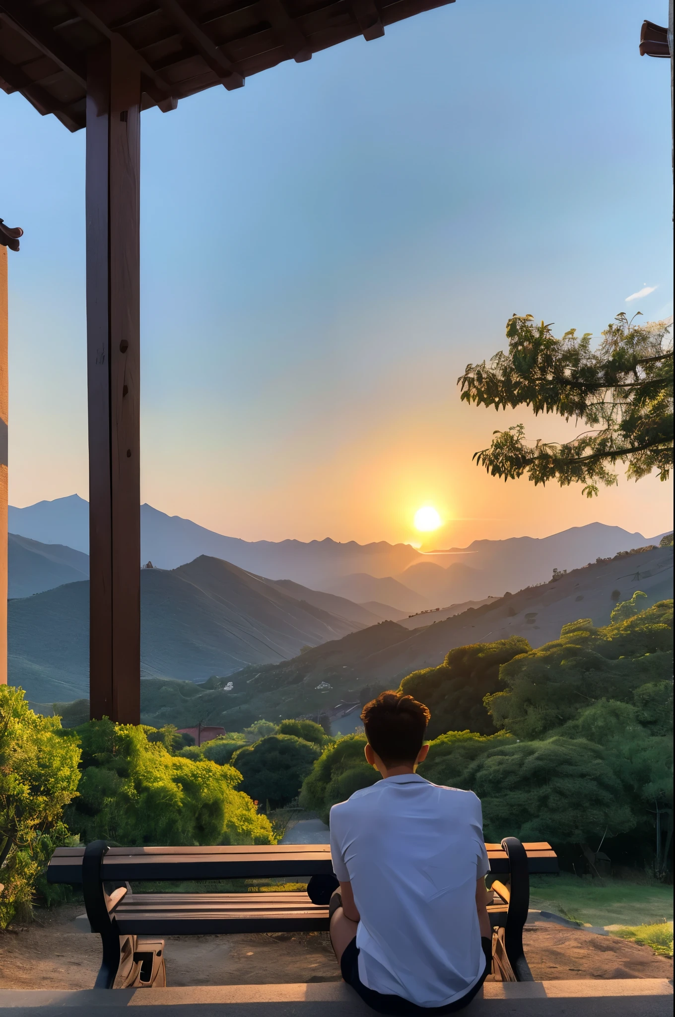 An asian guy,missing his girl,sitting on a bench,view from behind,seen from behind,back view,at sunset ,the sun is diving between mountains.