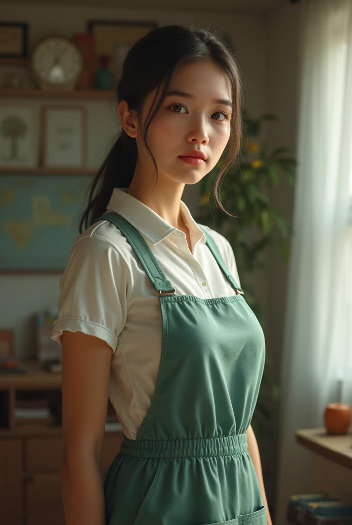 ((nsfw:1.3))、close range、Beautiful woman、cute、((Female Nursery Teacher))、smile、Extra Very Short Hair、((Delicate photo))，(Detailed RAW photos of girls), (Tabletop:1.0), (Highest quality:1.6), (Ultra-high resolution:1.5), (Realistic:1.75), 8K resolution, Absurd, Ultra-detailed,Cinema Lighting,、nursery school、Braid、((Wearing an apron:1.2))、(Hairstyle with bangs)、Long sleeve T-shirt、((Colorful kids room:1.1))、((Lots of toys:1.))、Pleated skirt、((cute壁紙の部屋))、(((Skirt Lift:1.25)))、((Printed panties are visible:1.1))