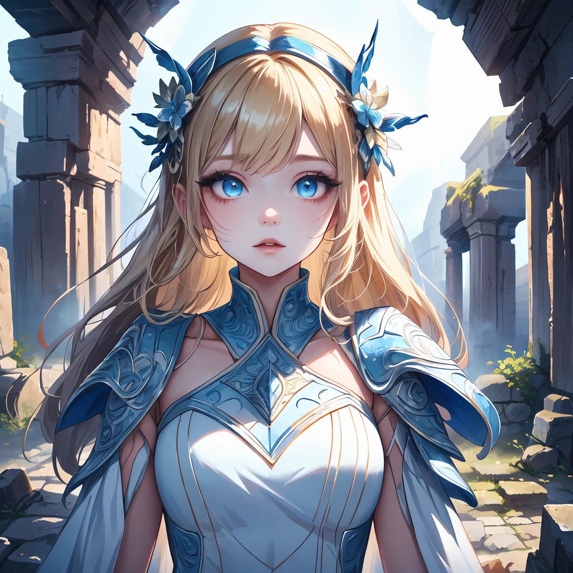 (masterpiece, best quality, extremely detailed, absurdres), Cute girl standing in ancient ruins, girl, blonde, blue eyes, white dress, magical fantasy landscape, dynamic angle, detailed face, long eyelashes, mysterious and beautifully detailed eyes, beautifully detailed lips, turning around, (((half body shot))), intricate architectural ruins, mossy stones, glowing crystals, ethereal lighting, cinematic composition, vibrant colors, highly detailed, 8K, masterpiece,
