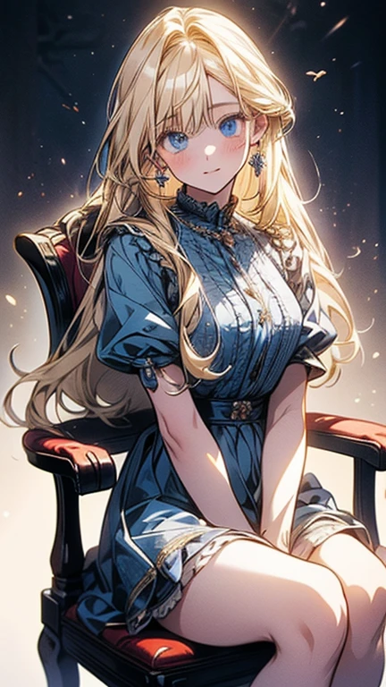 Amelie has long, rooted wavy blonde hair styled with a center part and kitty-inspired fuzzy beanie. She wears a puff sleeve blouse with button details, fitted ruffle skirt with "NA NA NA" chain belt and molded diamond-crusted strapped heels. SPARKLE; GLITTER