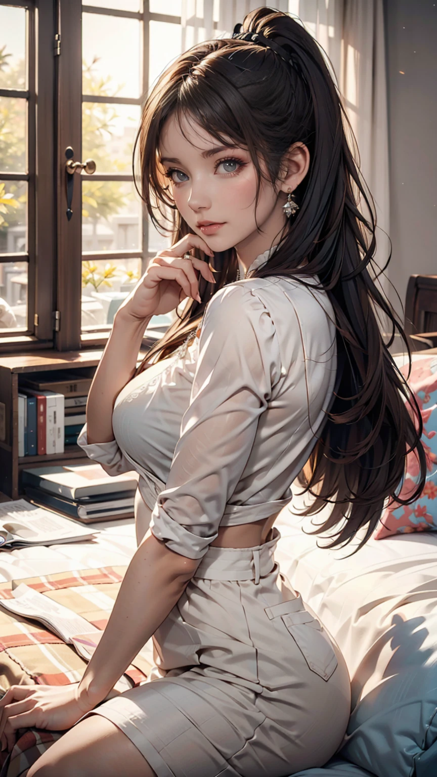 Bright colors, Beautiful Style, High quality illustrations, Position of hand holding woman's chin, Elegant painting, Detailed illustrations of clothing and facial features.